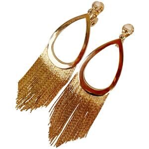VTG Signed Ellen Tracy Earrings Teardrop Fringe Clip On Glam Shimmer Gold Tone